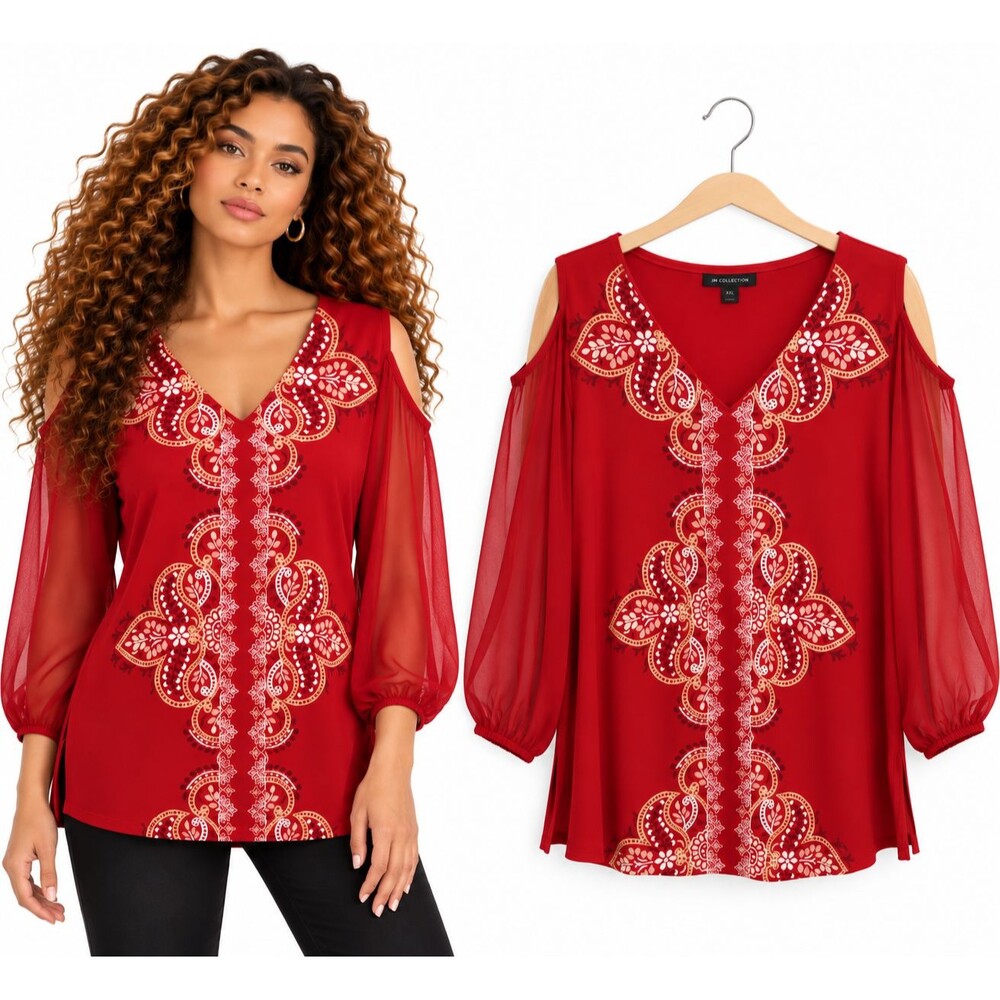 New JM Collection Tunic Top Size XXL Red Paisley Print Stretch Cold Shoulder